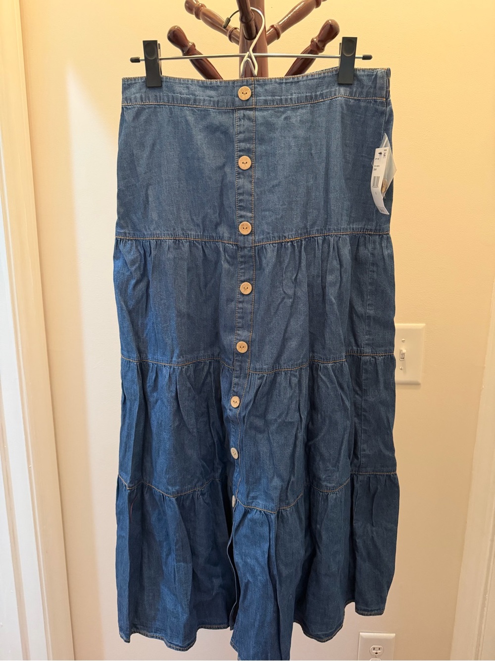Tiered Button-Front Denim Maxi Skirt - Blue